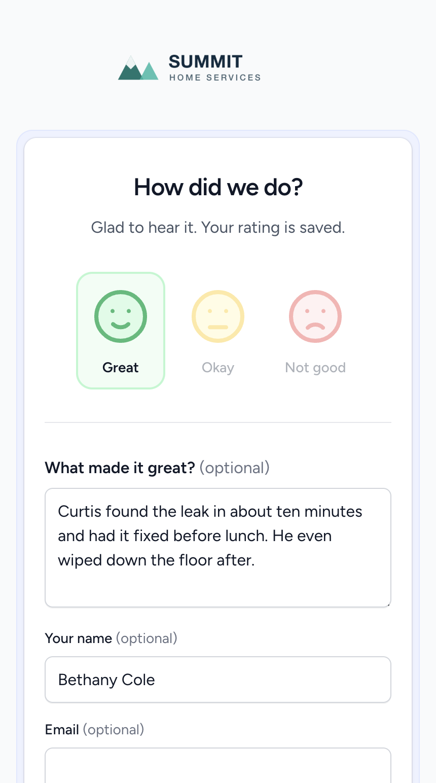 The same page after tapping the happy face, with the rating saved and an optional comment box filled in