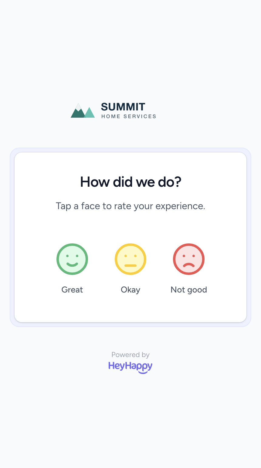 The HeyHappy feedback page on a phone, asking how did we do with three faces to tap