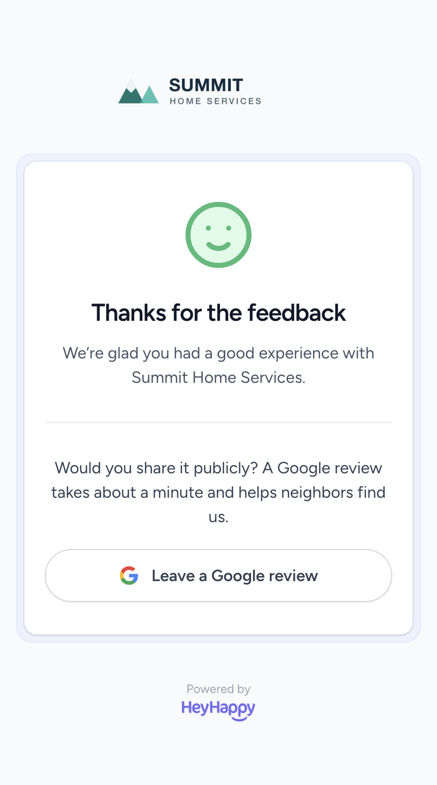 The HeyHappy thank you page inviting a happy customer to leave a Google review